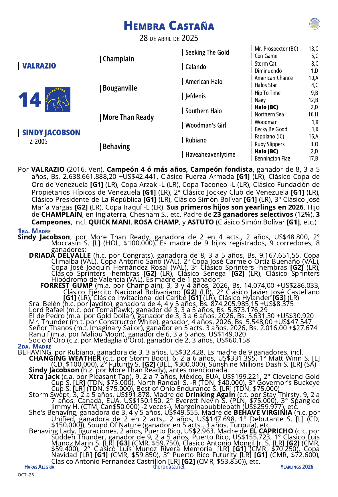 Página del catálogo con el pedigree del lote 14