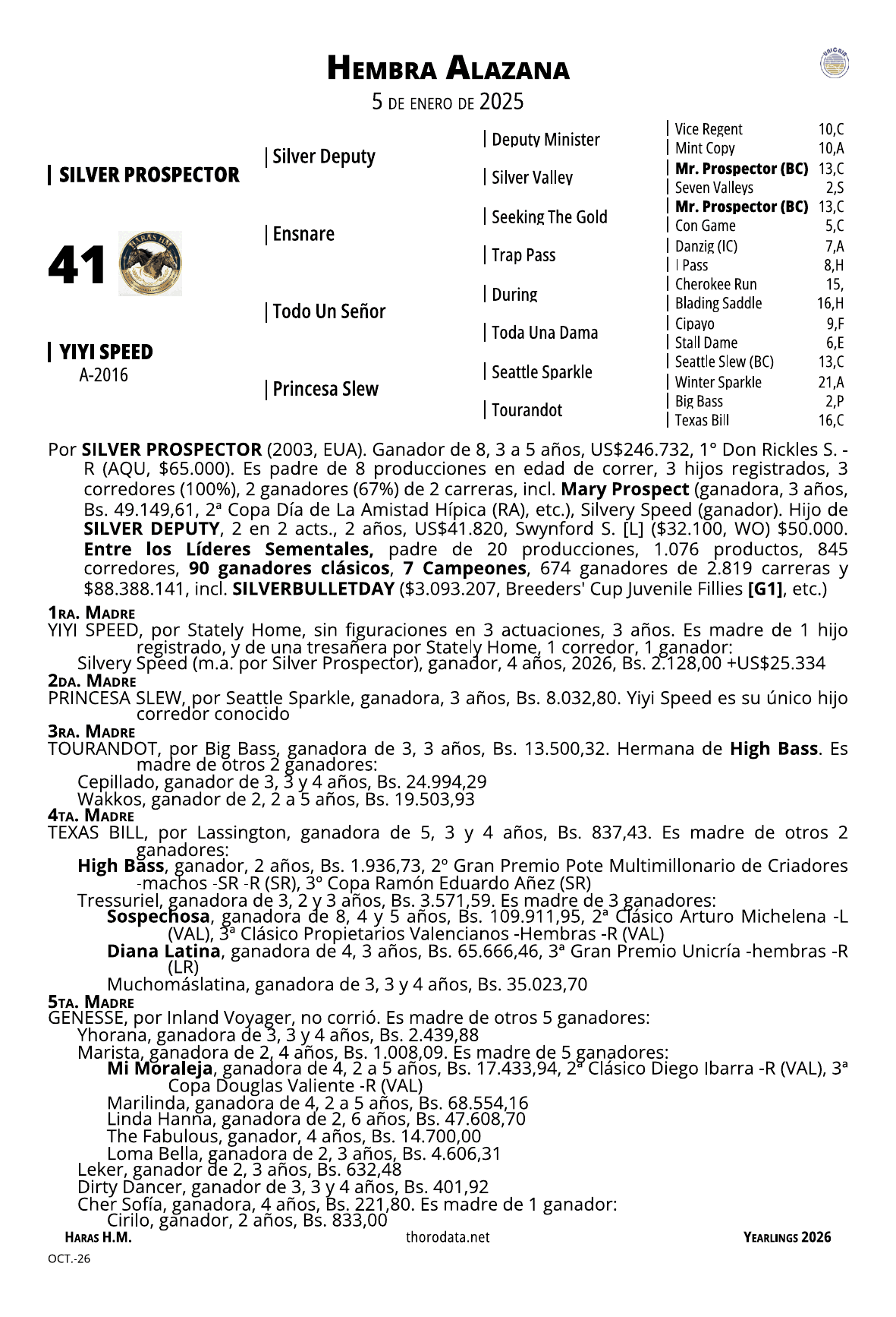 Página del catálogo con el pedigree del lote 41