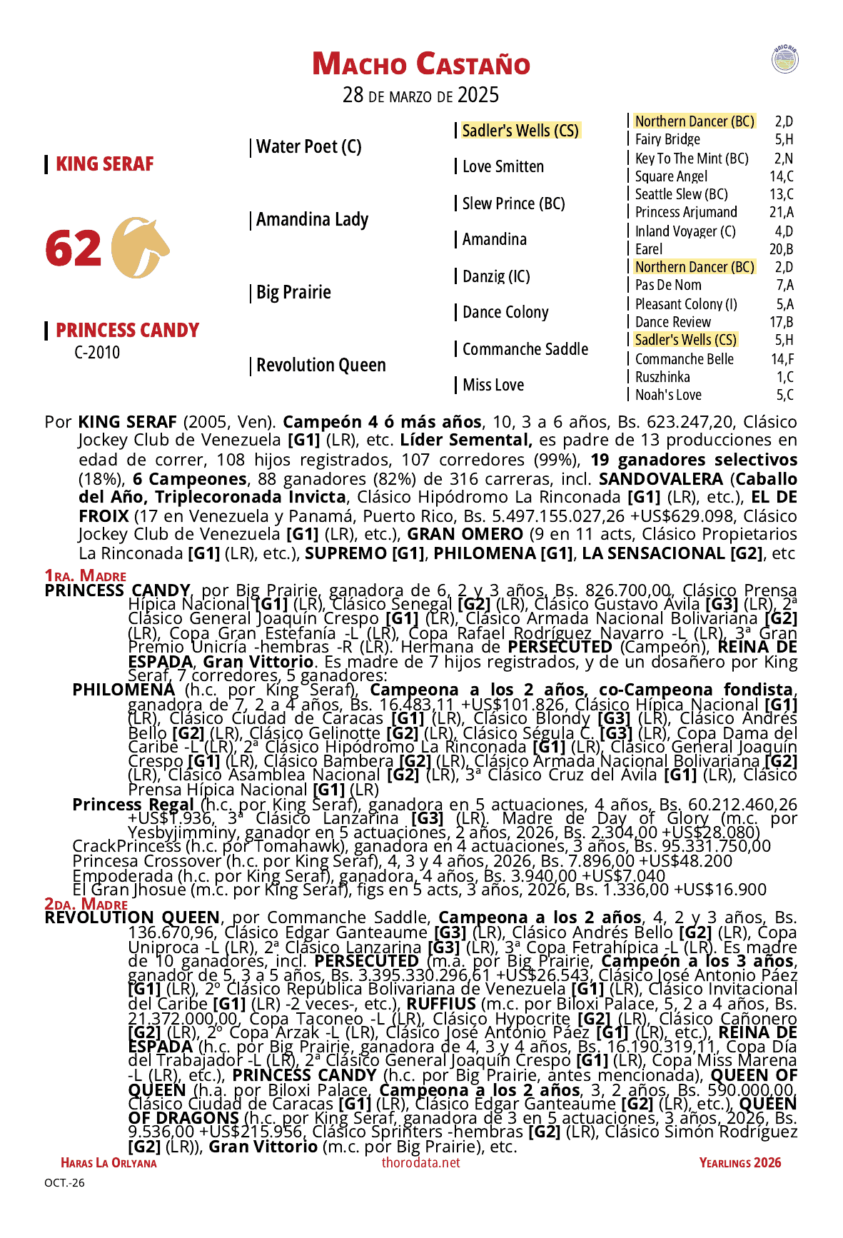 Página del catálogo con el pedigree del lote 62
