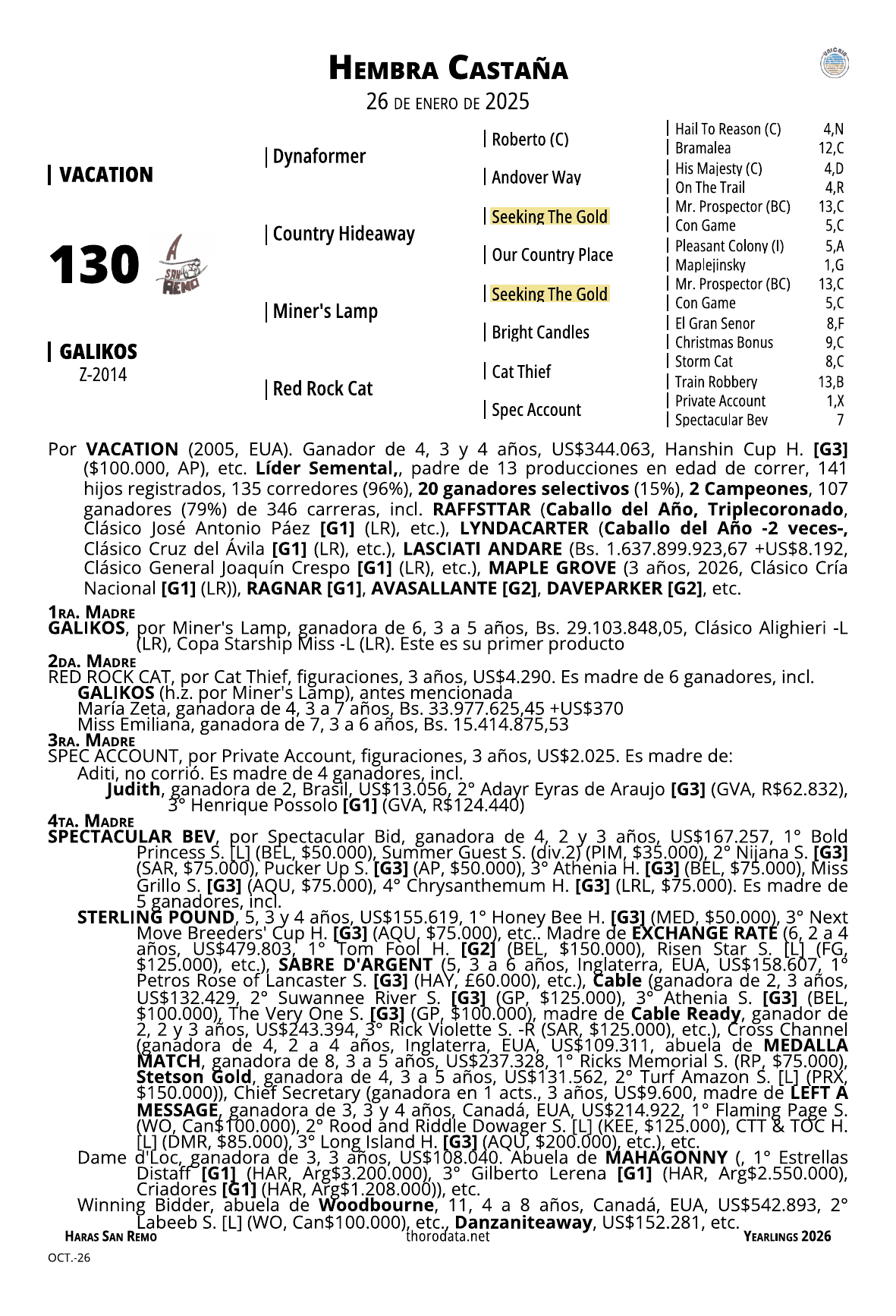 Página del catálogo con el pedigree del lote 130
